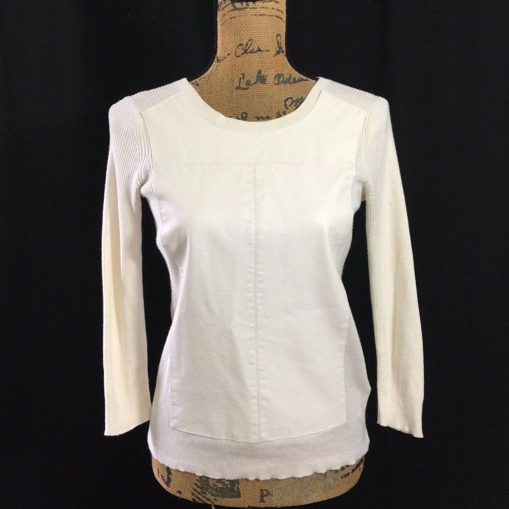 BANANA REPUBLIC XS TOP WHITE FAUX LEATHER RIB 3/4 SL TRENDY SHIRT‎ WASHABLE